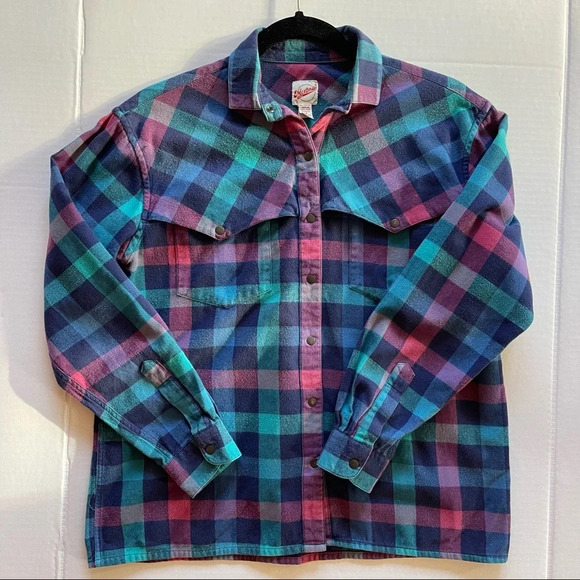 Vintage Merona Sport  Plaid Long Sleeve Women Shirt size M Y2K Green Blue Pink - Picture 3 of 12